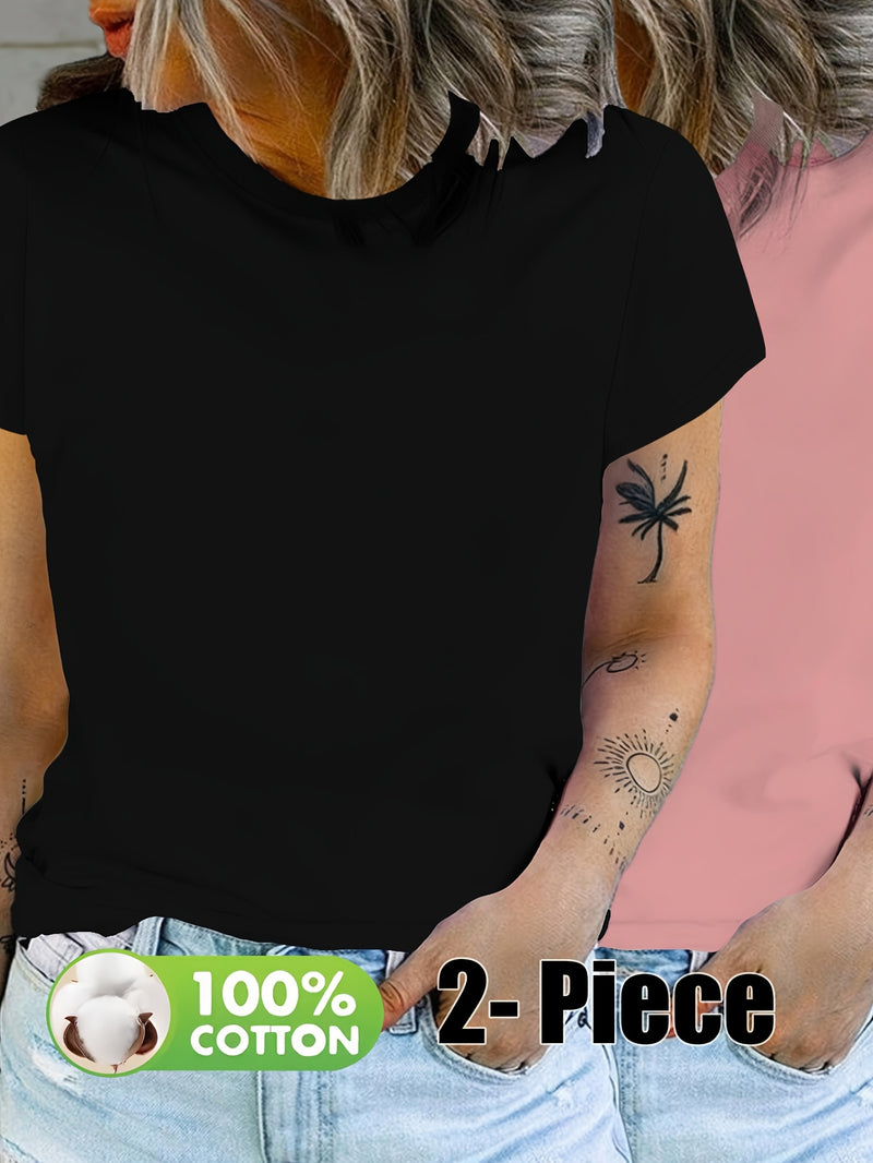 Women’s Fashion Solid Color Short Sleeve T-Shirt Two-Pack.