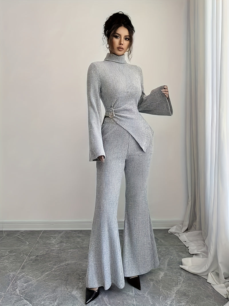 Women's Autumn And Winter Fleece Turtleneck Asymmetrical Hem Long Sleeve Pants.