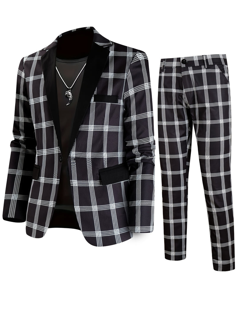 2pcs Men'S Casual Fashion Patchwork Plaid Suit | Non-Stretch Fabric.