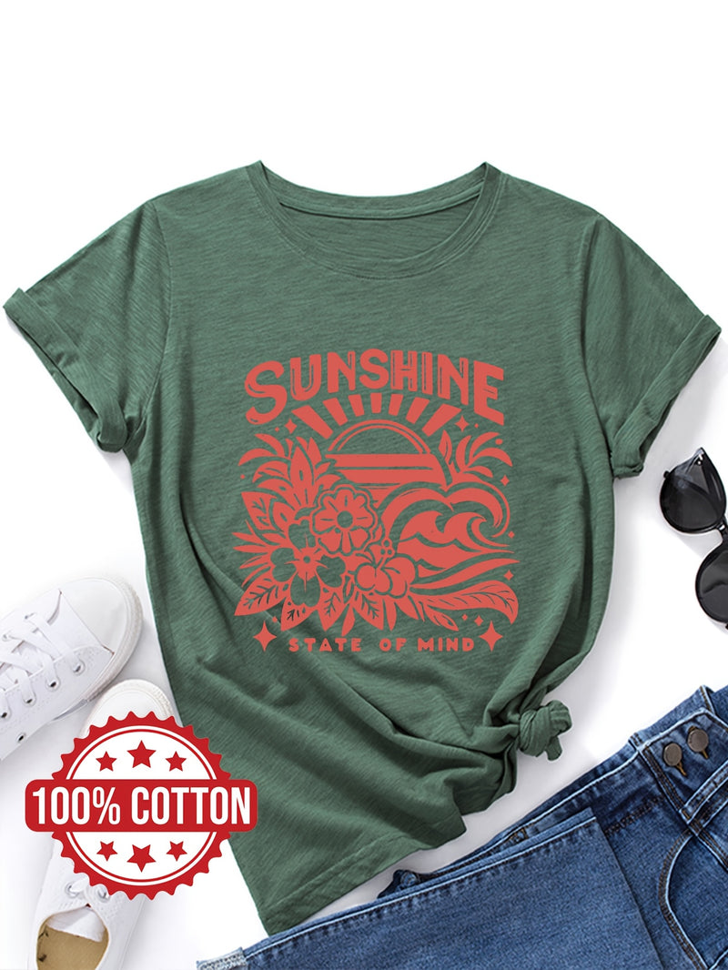 Women's Casual Crew Neck T-Shirt with "SUNSHINE" Graphic Print.