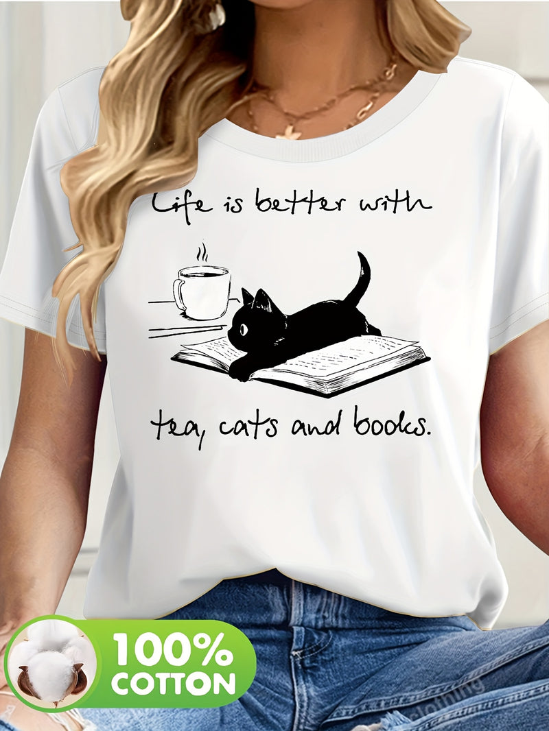 Women’s Casual Short Sleeve T-Shirt with Whimsical Cat & Book Art Print.