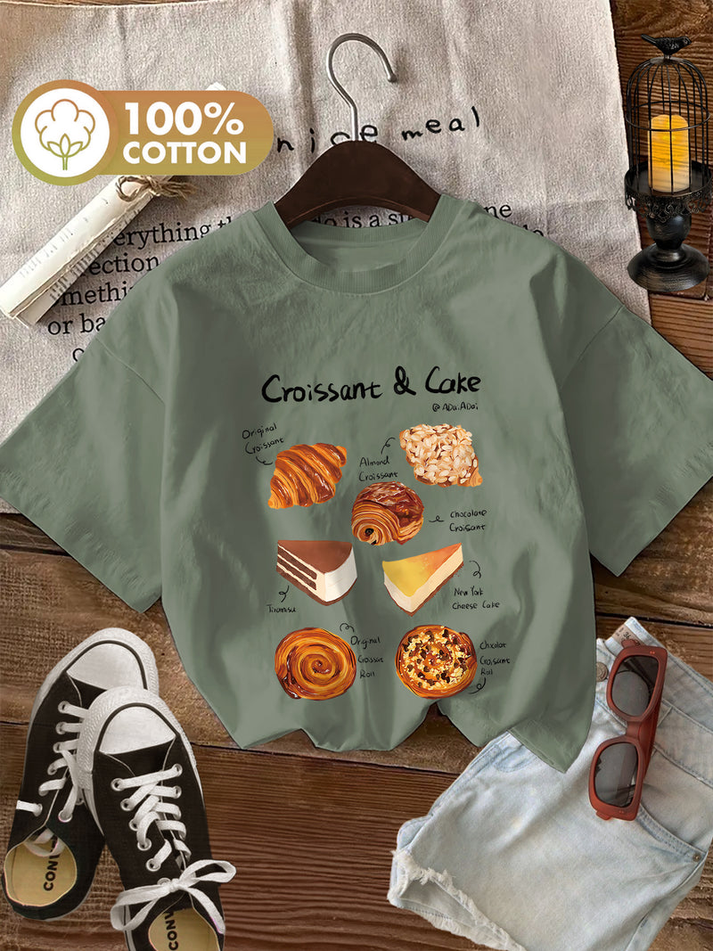 Women's Croissant & Cake Graphic T-Shirt.