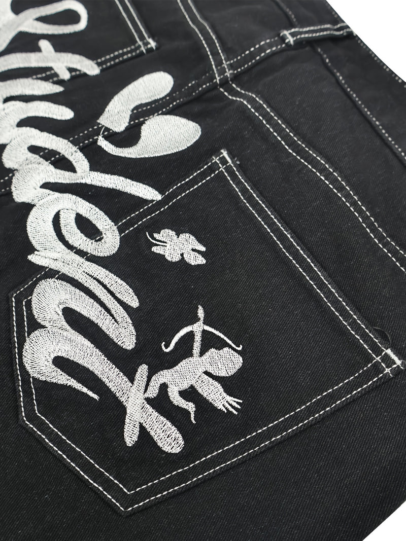 Embroidered Casual Mid-length Pants, Letter Embroidered Denim Shorts.