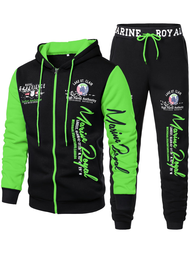 Men's Hiphop Outfit, Letter Print Long Sleeve Full-Zip Casual Jacket And Loose Jogger Pants.