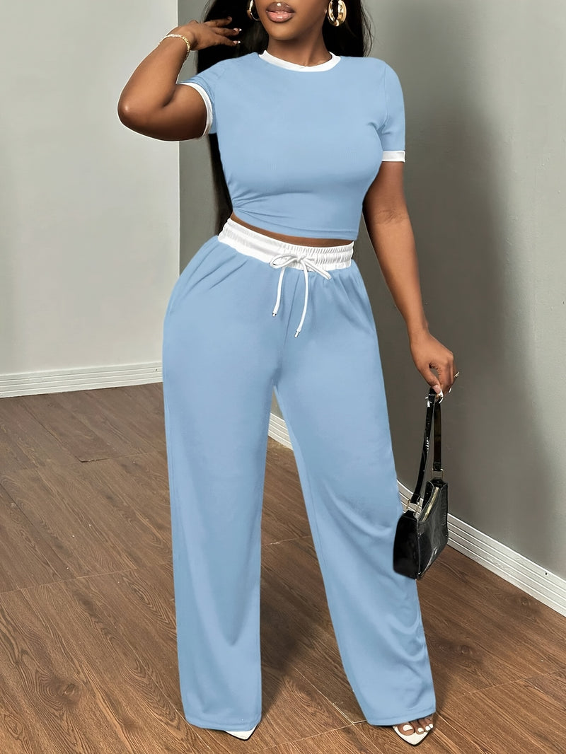 Women's Sexy Color Block Short-Sleeved T-Shirt And High-Waisted Belt Bandage Trousers.