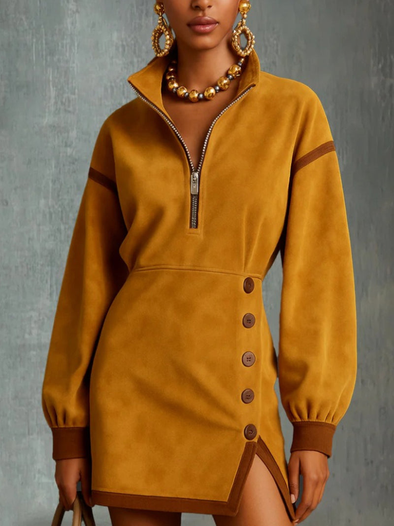 Women’s New Arrival Yellow High-Neck Button-Up Mini Dress.