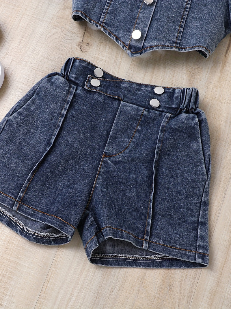 Girls Casual Trendy Stylish Y2K Denim Cropped Top & Shorts Set For Summer Holiday.