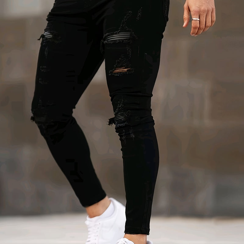 Men's Classic Ripped Patchwork Stretchy Slim-Fit Jeans.