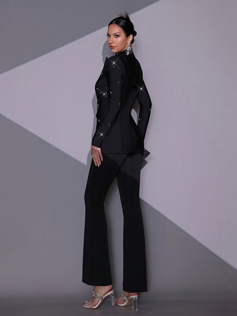 Black Sexy Heavy-Duty Shiny Diamond Long-Sleeve Blazer and Pants for Women.
