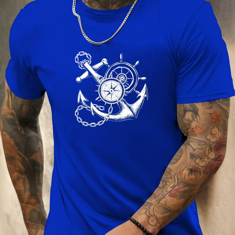 Men's Casual Summer T-Shirt with Anchor and Compass Graphic.