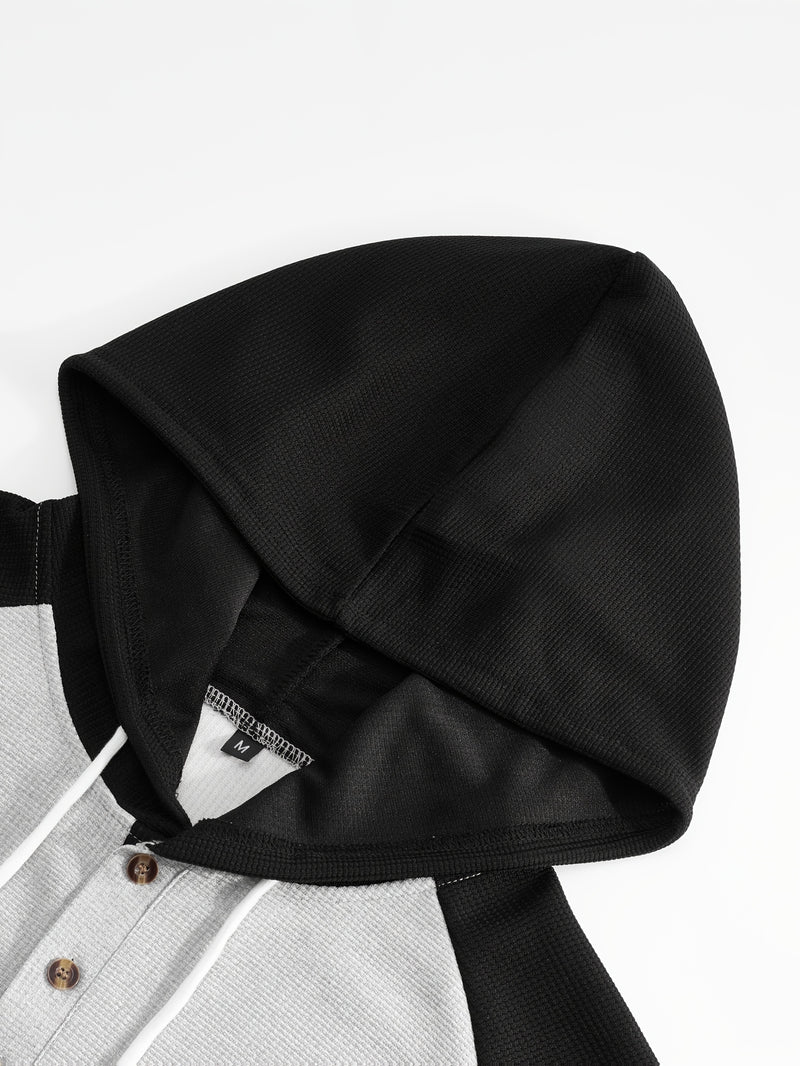 Men's Waffle 2pcs Hooded Sweatshirt Set Top Color Block.