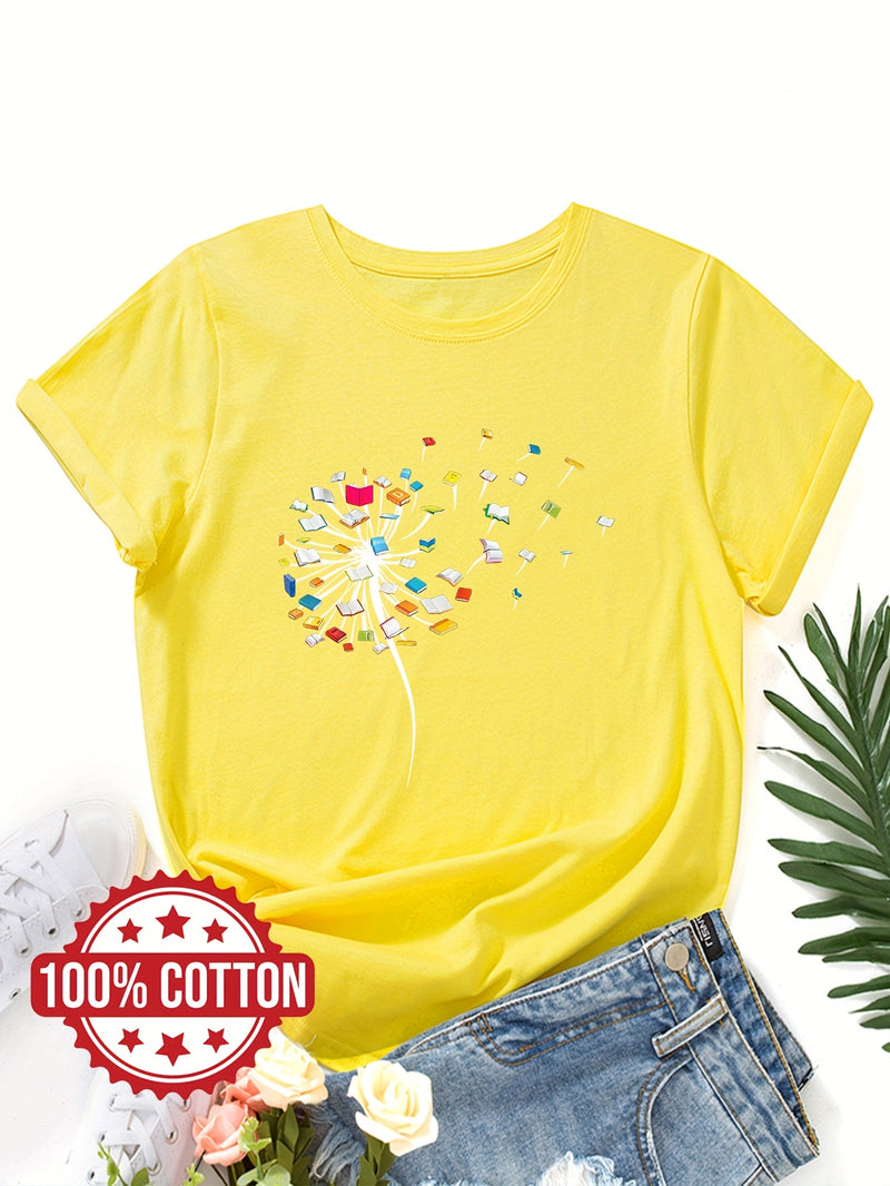 Women's "Dandelions and Books" Graphic T-Shirt.