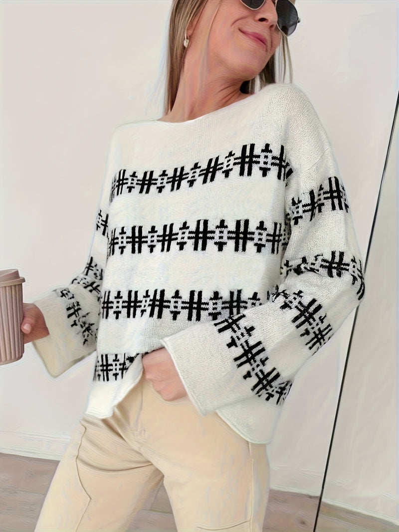 Women’s Fashionable Casual Letter Symbol Color-Blocking Loose Striped.