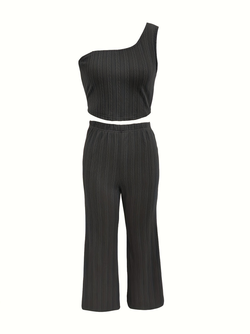 Women’s Black 2pcs Set, One-Shoulder Vest + Long Pants Casual Suit.