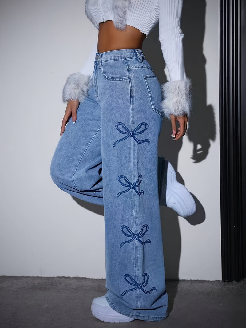 Women’s New Style Wide-Leg Jeans with Bow Embroidery.