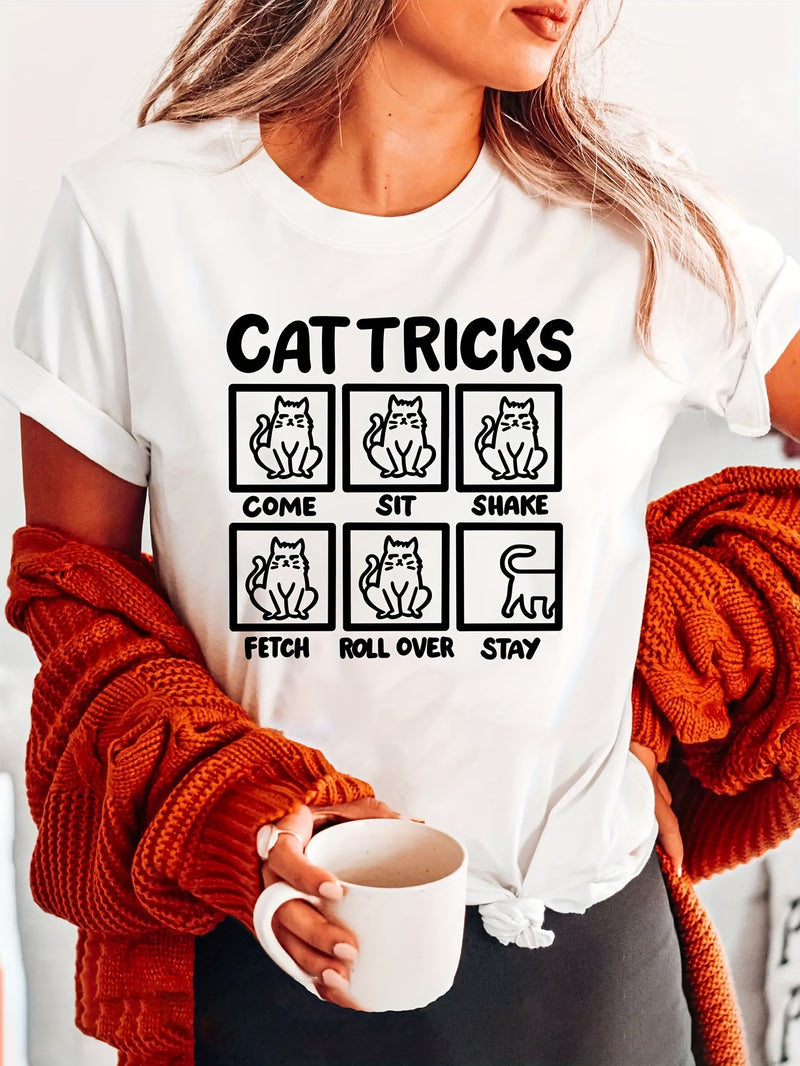 Women’s Clothing Cat Tricks Print Crew Neck T-shirt.