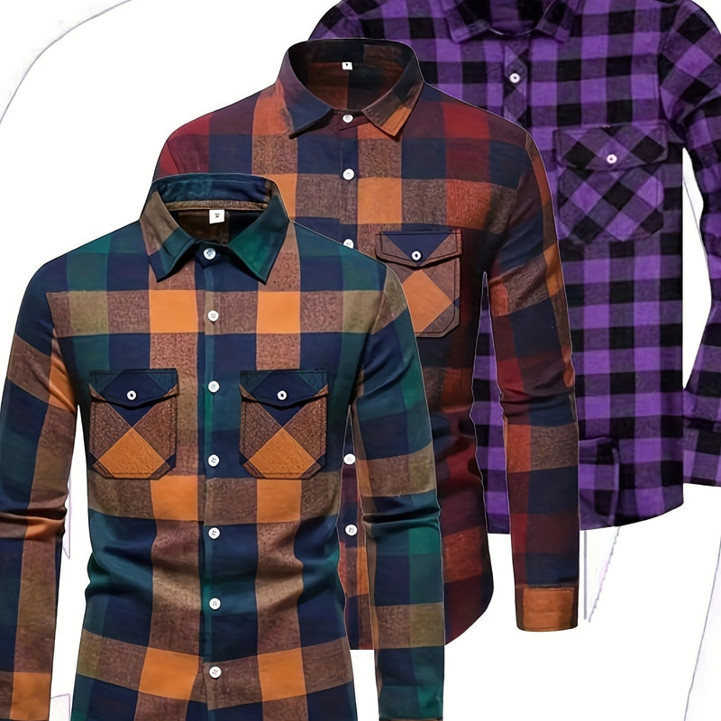 3pcs Men's Plaid Shirt Top with Turn- Collar Long Sleeve Button-Up.