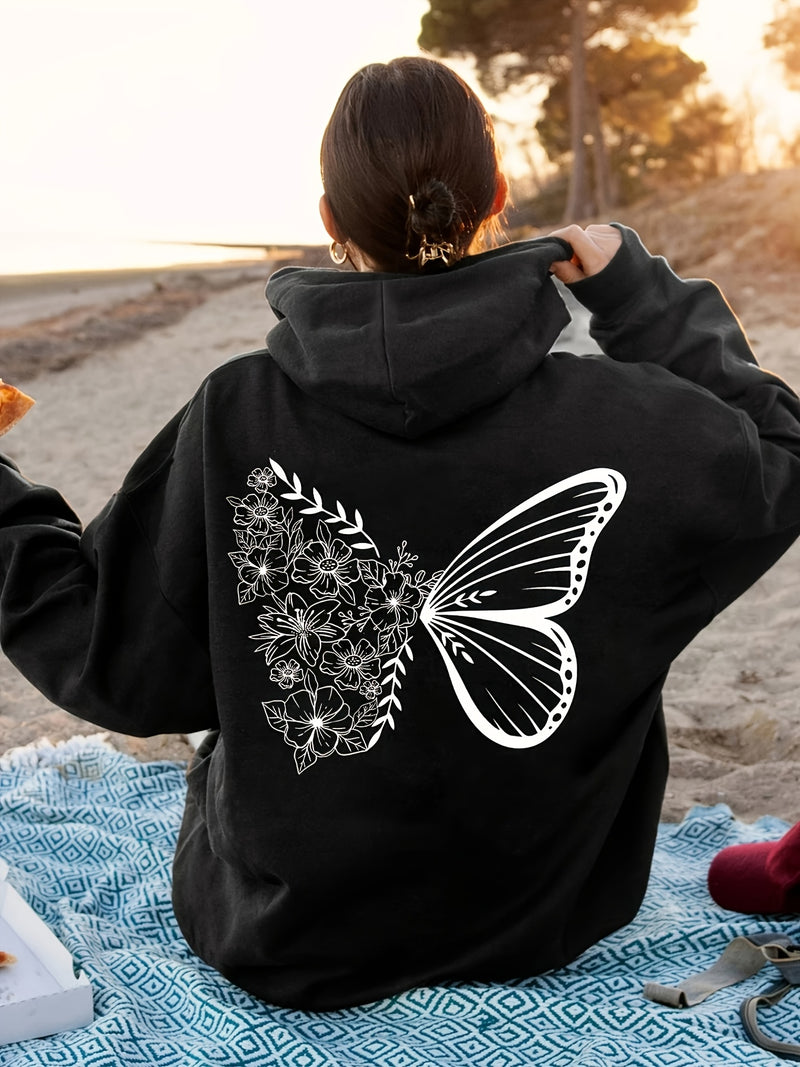 Women's Casual Black Hoodie with Exquisite Butterfly and Floral Design.