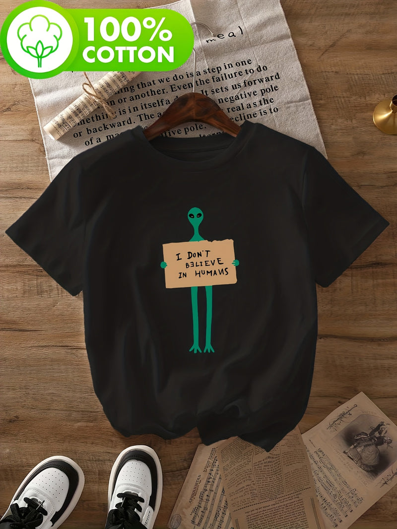 Women's Alien & "I Don't Believe in Humans" Slogan T-Shirt.