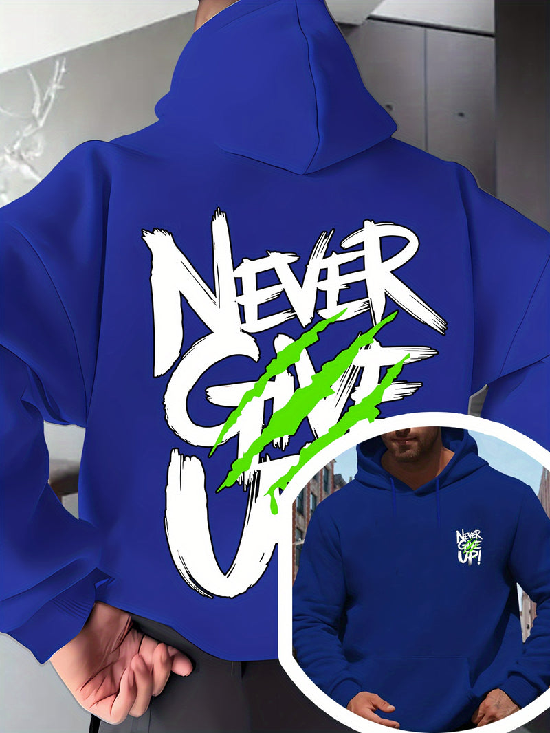 Men's Red Hoodie with "Never Give Up" Print.