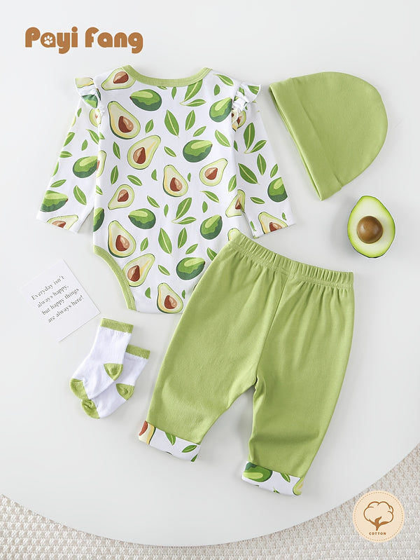 Baby Long-Sleeved Triangle Romper Pants Hat Socks Set.