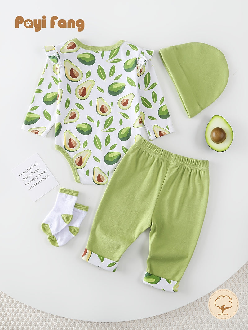 Baby Long-Sleeved Triangle Romper Pants Hat Socks Set.