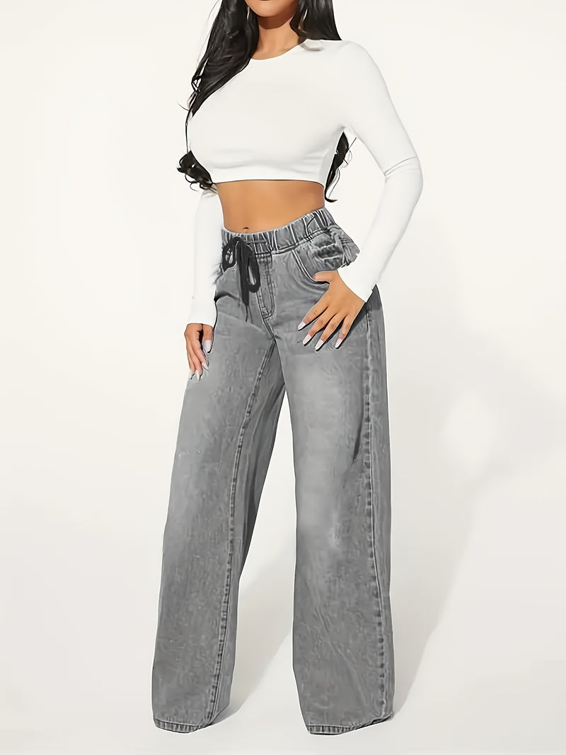 Women’s Drawstring Waist 25AW Elastic Waist Wide-Leg Jeans.