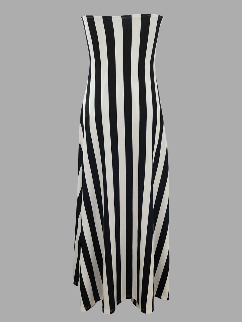 Women's Off-Shoulder Pantsuit with Side Pockets, Featuring Striped Prints.