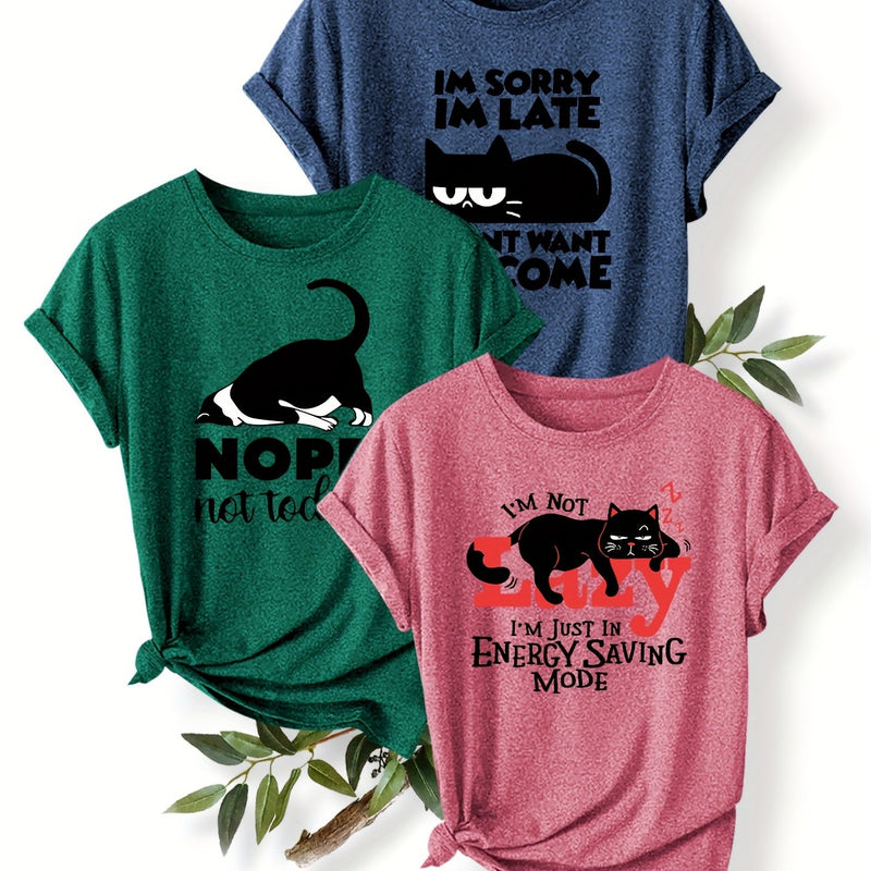 3pcs Women’s Featuring a Round-Neck Short-Sleeve T-Shirt.