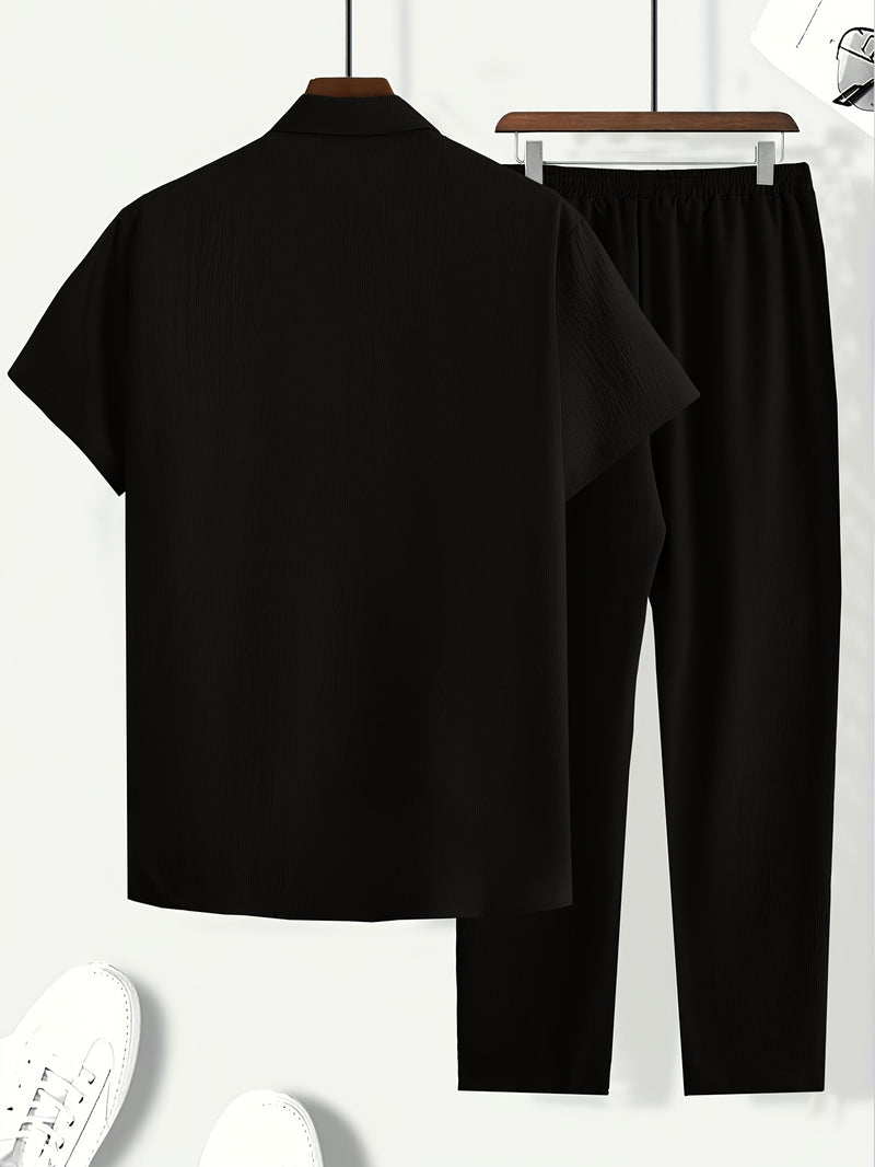 A Set of Two Men's Casual Solid Color Suit Collar Shirts And Long Pants.