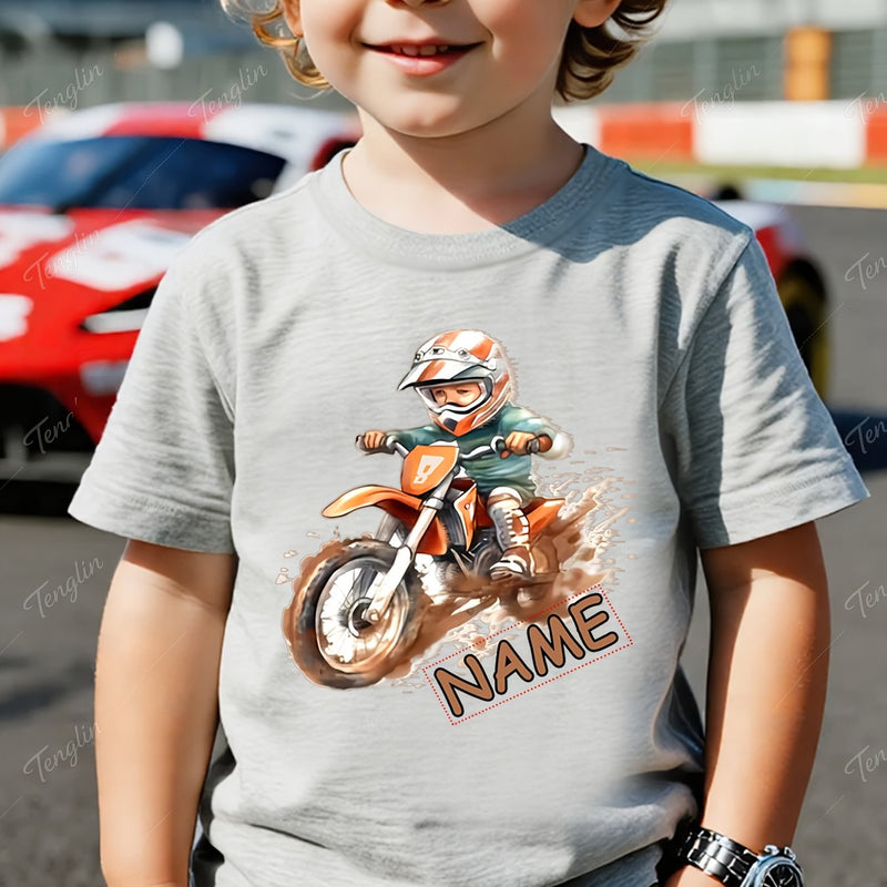 Custom Motorcycle Print Short Sleeve T-Shirt for Boys and Girls.
