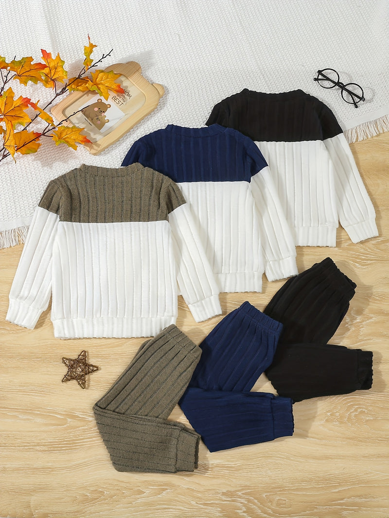 3 Sets Boys Pantsuits: Ribbed Round Neck Contrast Pullover.