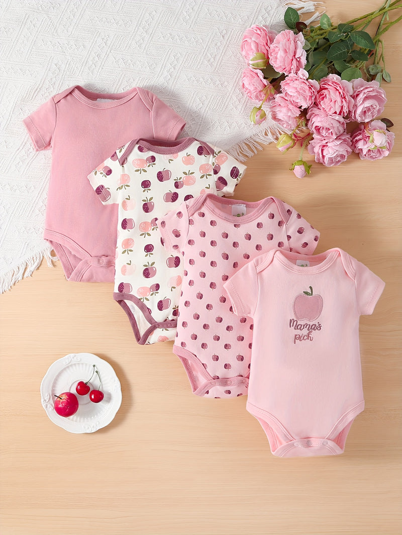 Girls' 4pcs Set of Triangle Bodysuits with Cute Patterns.