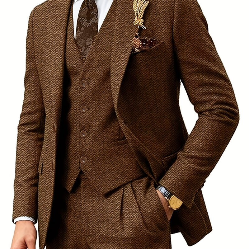 Men's Three-Piece Suit Made of Blended Herringbone Fabric.