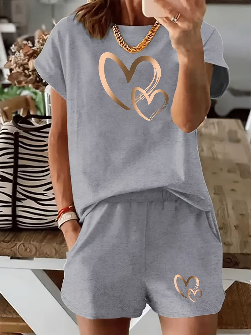 Women's Sporty Two-Piece Set: Round Neck Short Sleeve T-Shirt + Pocketed Shorts.