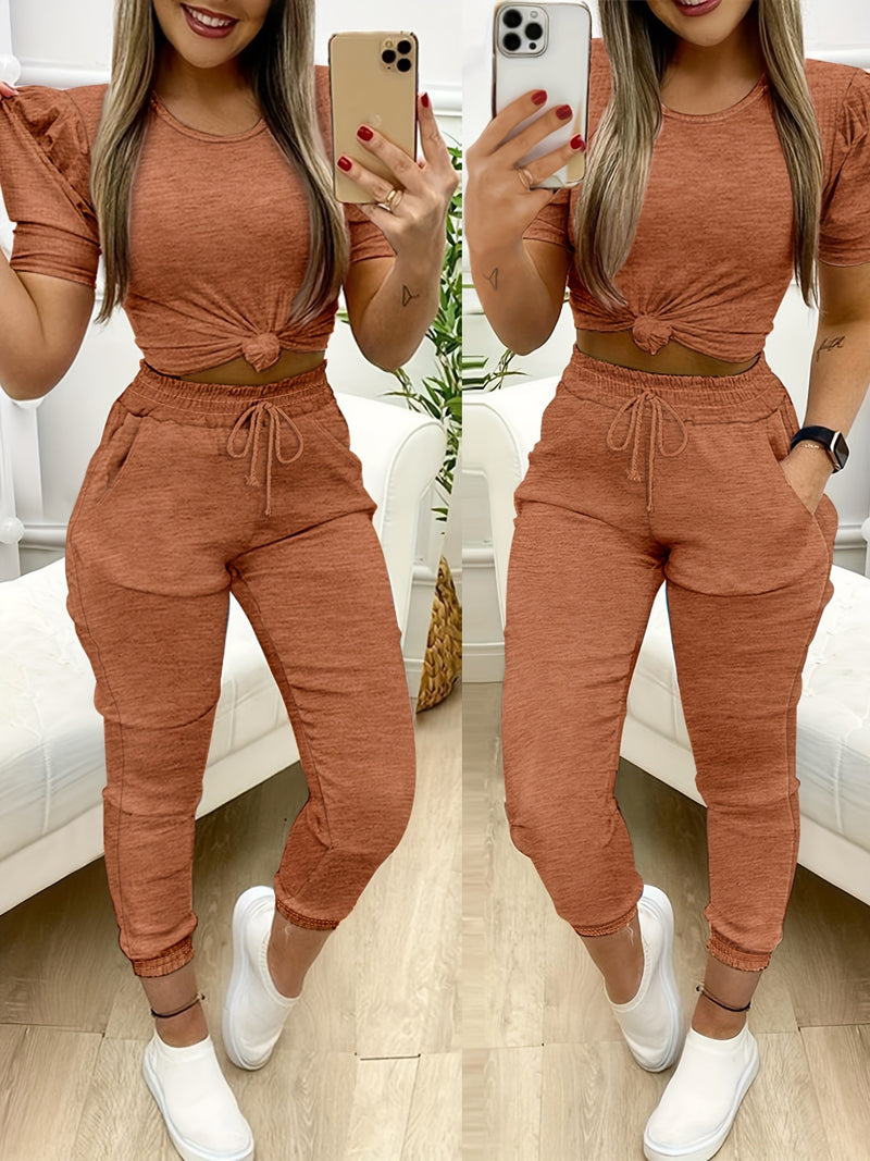 2pcs Women’s Round Neck Puff Sleeve Top with Pants.