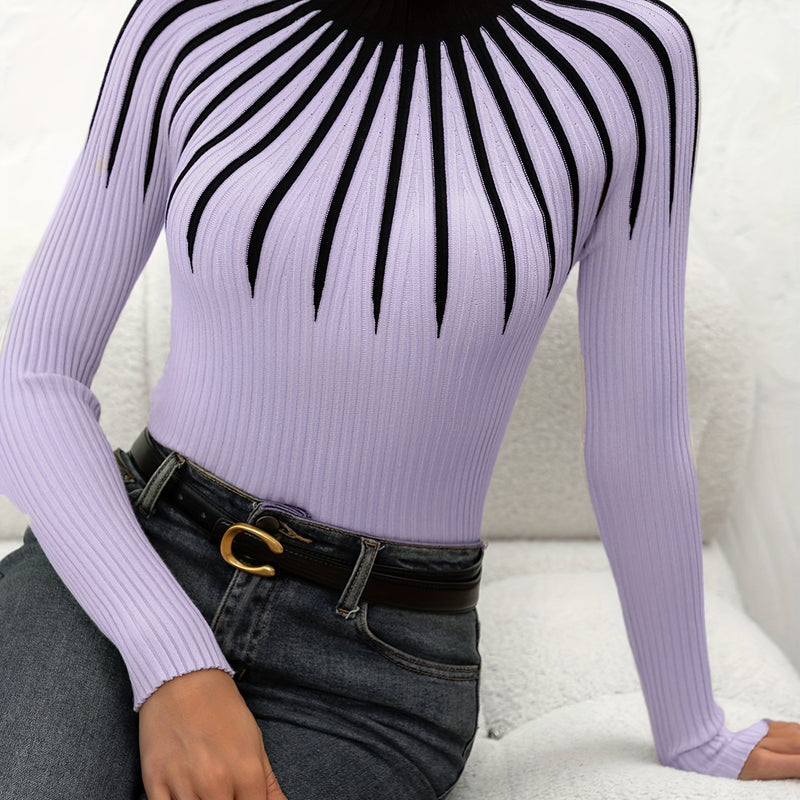 Women's Color Block Ribbed Elegant Long Sleeve Pullover.