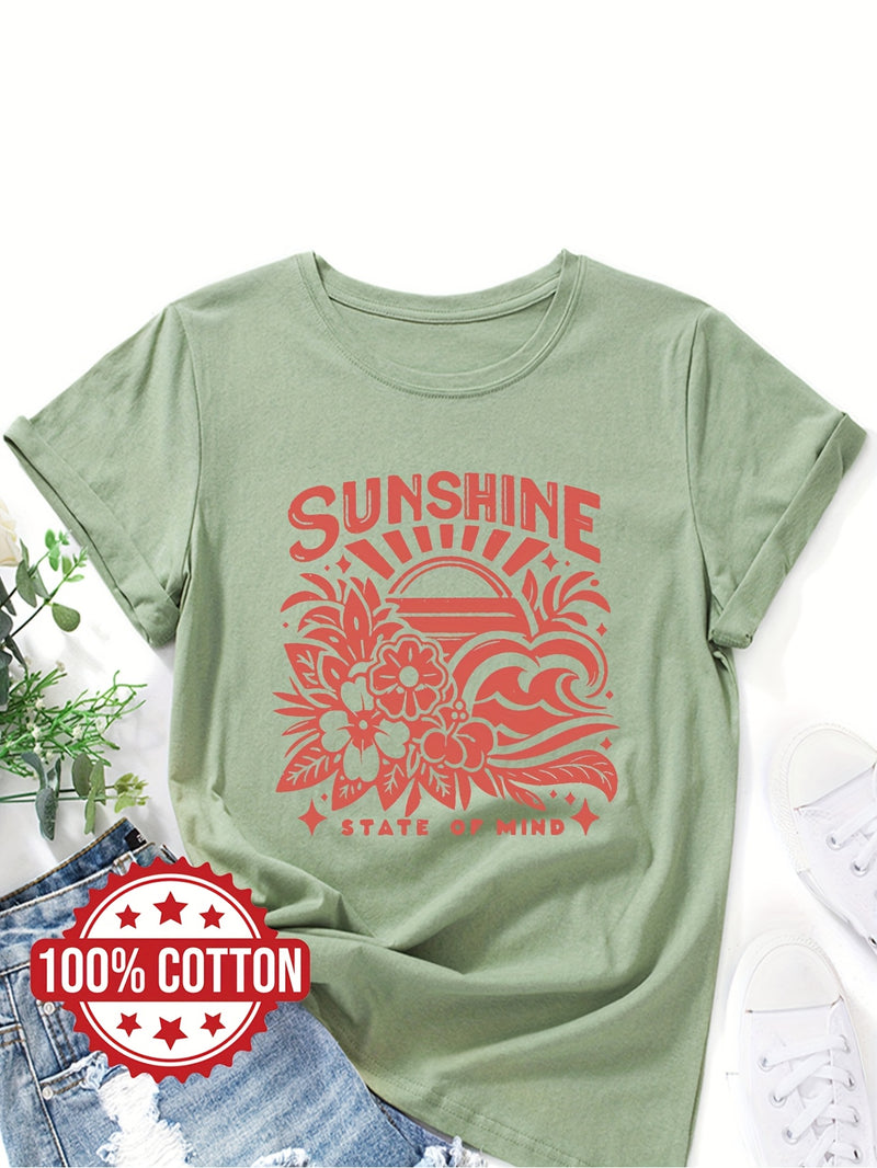Women's Casual Crew Neck T-Shirt with "SUNSHINE" Graphic Print.