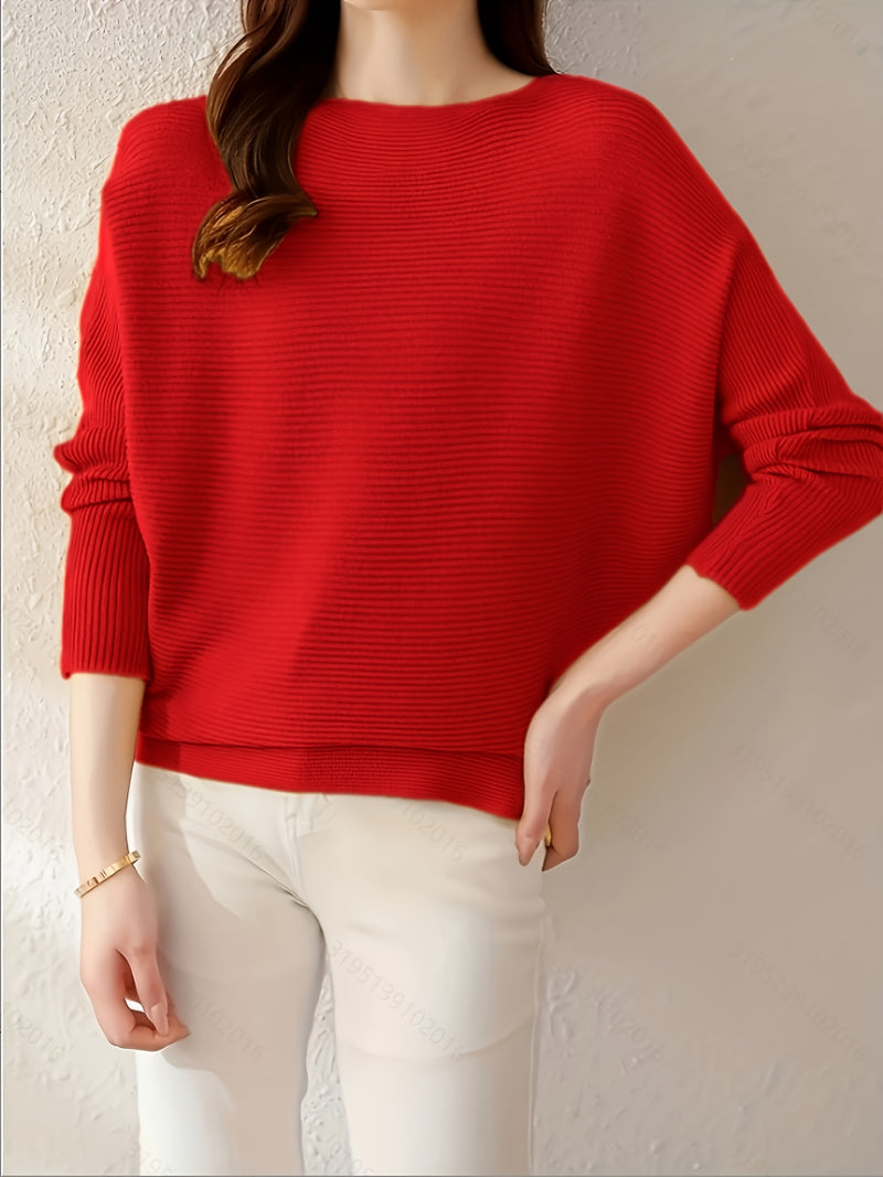 Women's Loose Batwing Sleeve Sweater, Casual Elegant Long Sleeve Top.