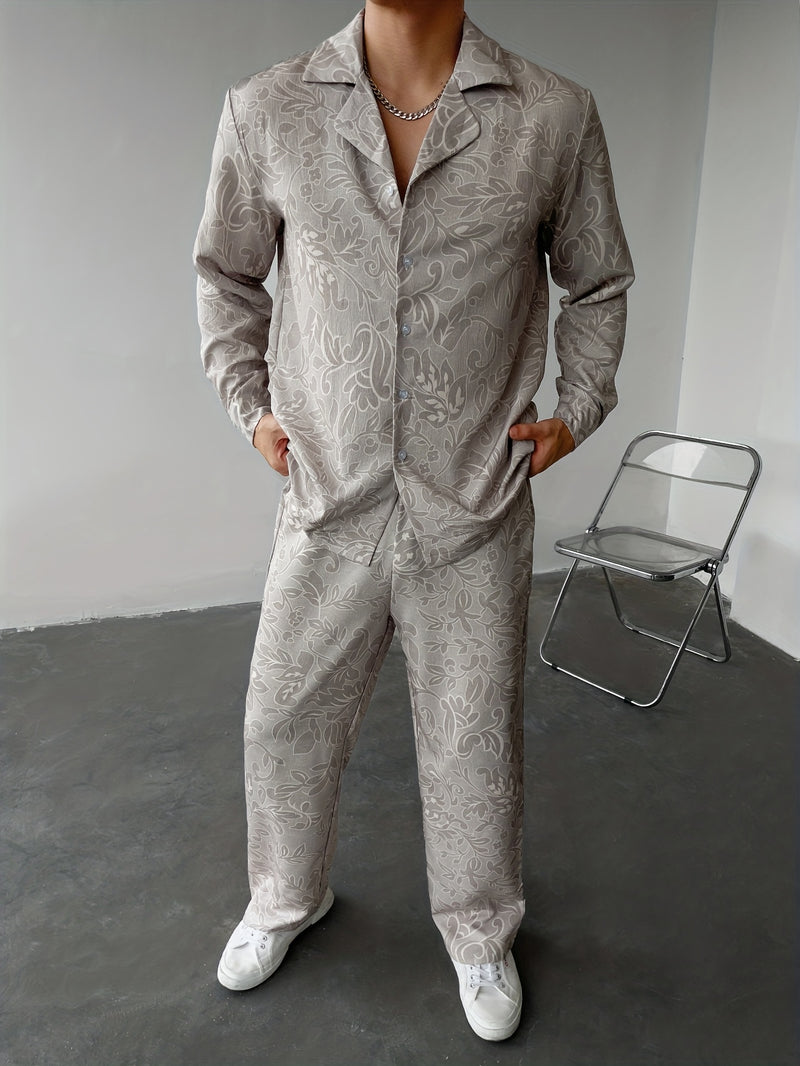 Men's Shirt Set, Casual Style, Comfortable Long-Sleeve Shirt And Pants Outfit.