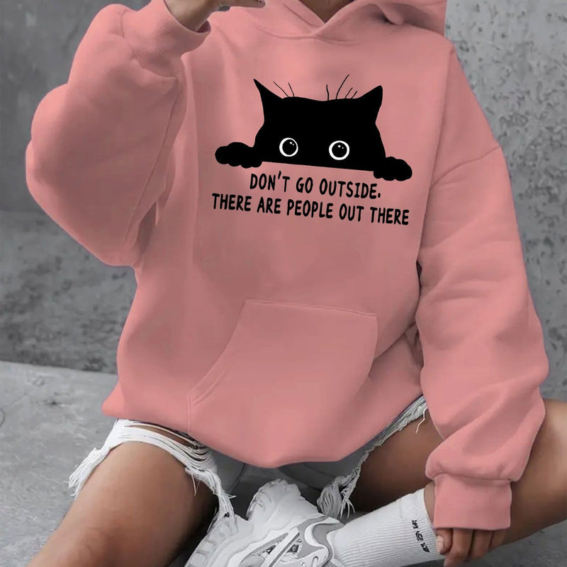 Women's Cozy Fleece Hoodie with Playful Black Cat Graphic.