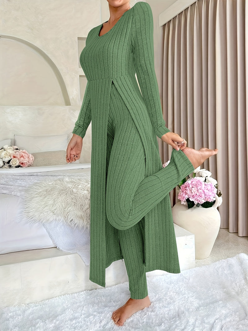 2pcs Women's Designer Round Neck Split Long Sleeve Top and Pants.