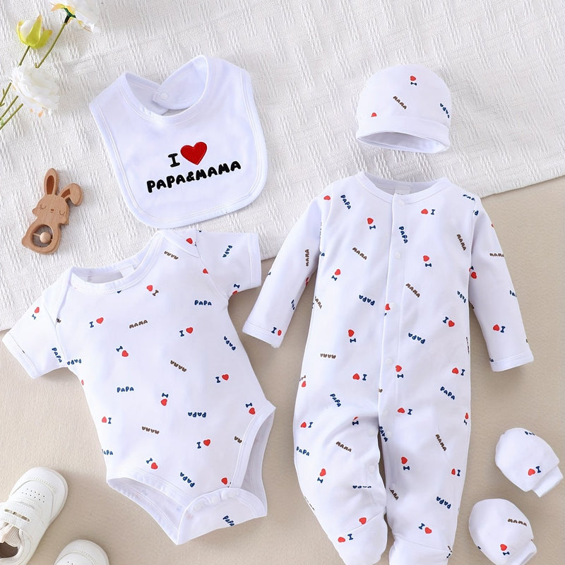 5pcs "I Love Papa and Mama" Embroidered Newborn Baby Clothes Set.