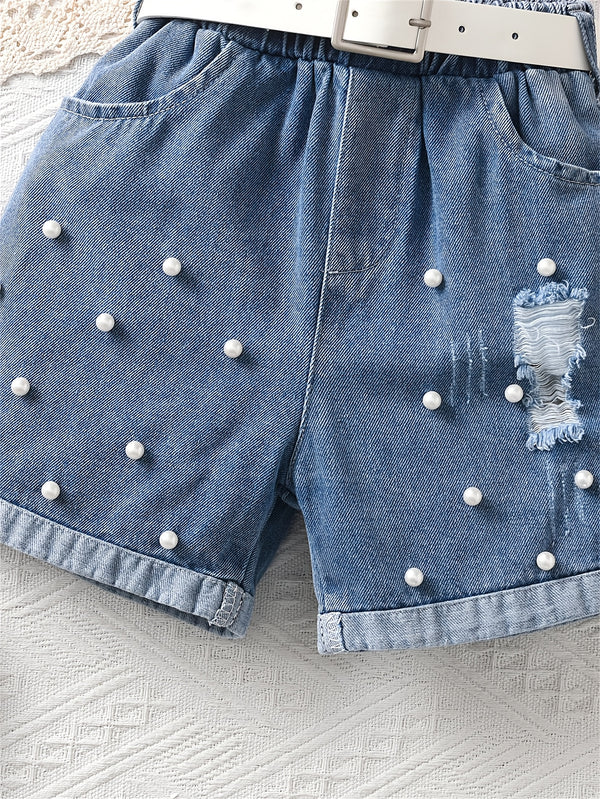 Girls' Lace-Trimmed Tank Top And Denim Shorts Two-Piece Set, for Outdoor.
