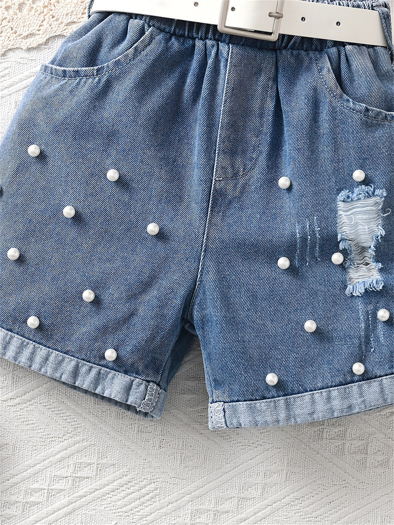 Girls' Lace-Trimmed Tank Top And Denim Shorts Two-Piece Set, for Outdoor.