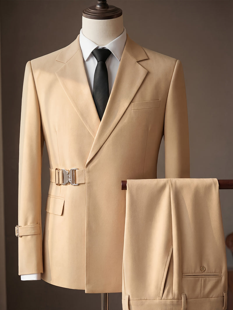 Men's 2pcs Suit Slim Fit Solid Jacket and Pants Set.