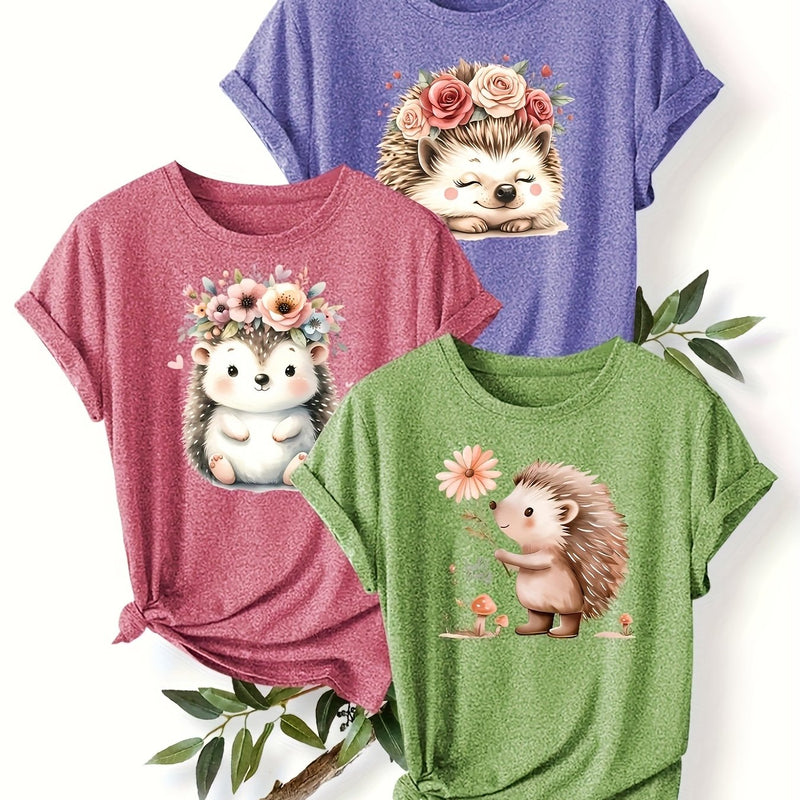 3pcs Women's Cute Hedgehog Graphic T-Shirts.