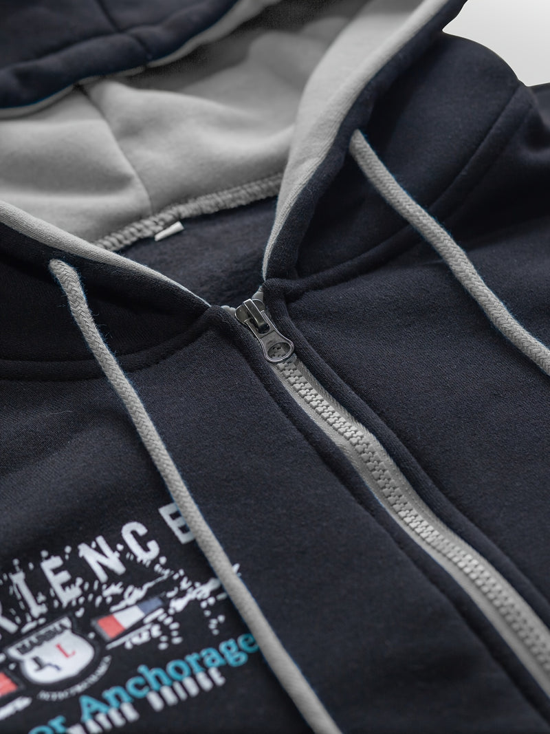 Men's Hiphop Outfit, Letter Print Long Sleeve Full-Zip Casual Jacket And Loose Jogger Pants.