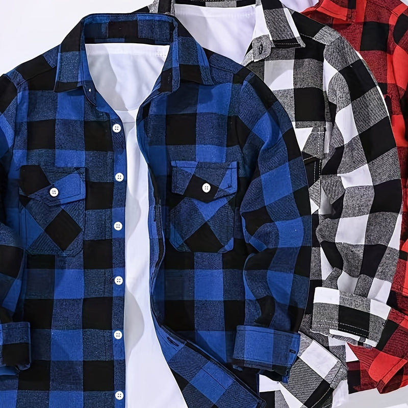 3pcs Men's Plaid Shirt Top with Turn- Collar Long Sleeve Button-Up.