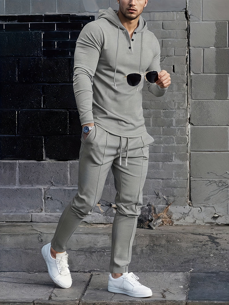 A Two-Piece Casual Outfit for Men Hooded Long-Sleeve T-Shirt.